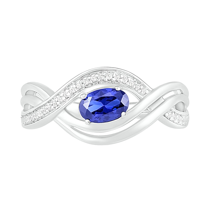 Sideways Oval Blue Lab-Created Sapphire and 0.067 CT. T.W. Diamond Multi-Row Bypass Split Shank Ring in Sterling Silver