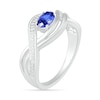 Sideways Oval Blue Lab-Created Sapphire and 0.067 CT. T.W. Diamond Multi-Row Bypass Split Shank Ring in Sterling Silver