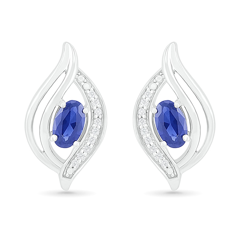 Oval Blue Lab-Created Sapphire and 0.04 CT. T.W. Diamond Bypass Flame Stud Earrings in Sterling Silver|Peoples Jewellers