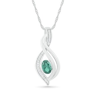 Oval Lab-Created Emerald and 0.04 CT. T.W. Diamond Flame Drop Pendant in Sterling Silver