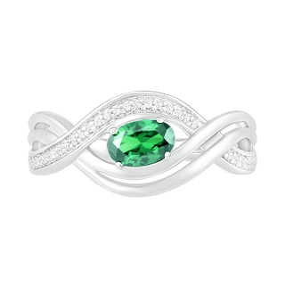 Sideways Oval Lab-Created Emerald and 0.067 CT. T.W. Diamond Multi-Row Bypass Split Shank Ring in Sterling Silver