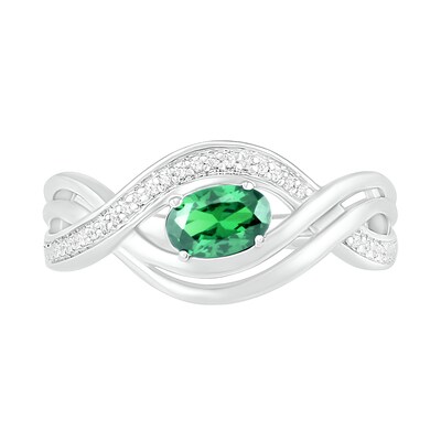 Sideways Oval Lab-Created Emerald and 0.067 CT. T.W. Diamond Multi-Row Bypass Split Shank Ring in Sterling Silver