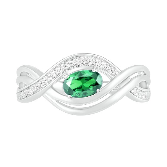 Sideways Oval Lab-Created Emerald and 0.067 CT. T.W. Diamond Multi-Row Bypass Split Shank Ring in Sterling Silver