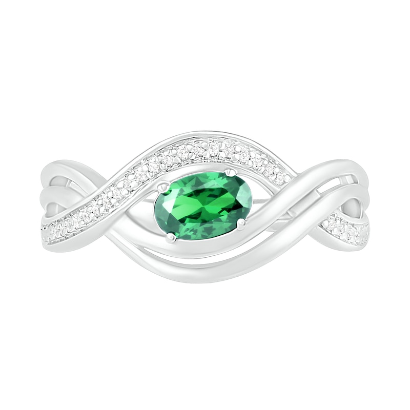 Sideways Oval Lab-Created Emerald and 0.067 CT. T.W. Diamond Multi-Row Bypass Split Shank Ring in Sterling Silver|Peoples Jewellers