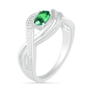 Sideways Oval Lab-Created Emerald and 0.067 CT. T.W. Diamond Multi-Row Bypass Split Shank Ring in Sterling Silver