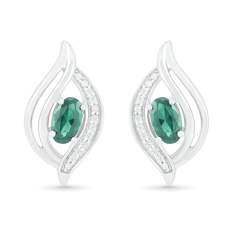 Oval Lab-Created Emerald and 0.04 CT. T.W. Diamond Bypass Flame Stud Earrings in Sterling Silver|Peoples Jewellers