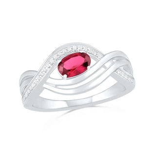 Sideways Oval Lab-Created Ruby and 0.067 CT. T.W. Diamond Multi-Row Bypass Split Shank Ring in Sterling Silver