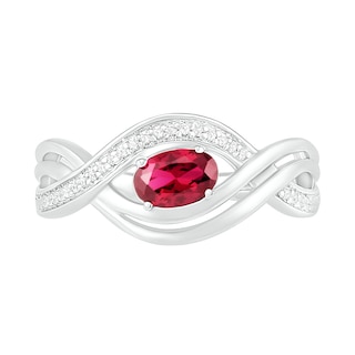 Sideways Oval Lab-Created Ruby and 0.067 CT. T.W. Diamond Multi-Row Bypass Split Shank Ring in Sterling Silver