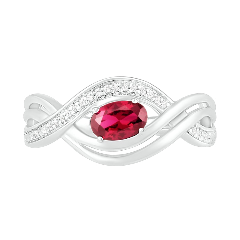 Sideways Oval Lab-Created Ruby and 0.067 CT. T.W. Diamond Multi-Row Bypass Split Shank Ring in Sterling Silver|Peoples Jewellers