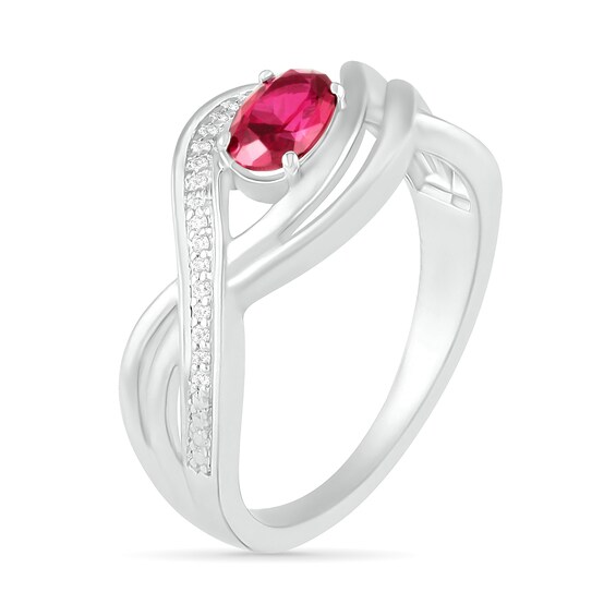 Sideways Oval Lab-Created Ruby and 0.067 CT. T.W. Diamond Multi-Row Bypass Split Shank Ring in Sterling Silver