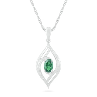 Oval Lab-Created Emerald and 0.065 CT. T.W. Diamond Bypass Flame Pendant in Sterling Silver