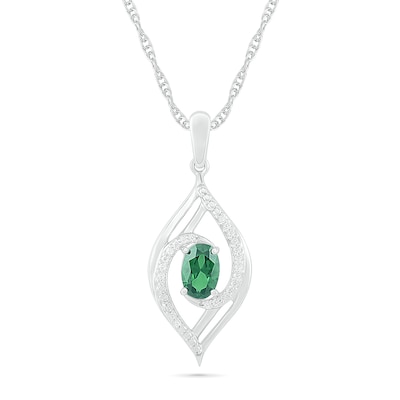 Oval Lab-Created Emerald and 0.065 CT. T.W. Diamond Bypass Flame Pendant in Sterling Silver