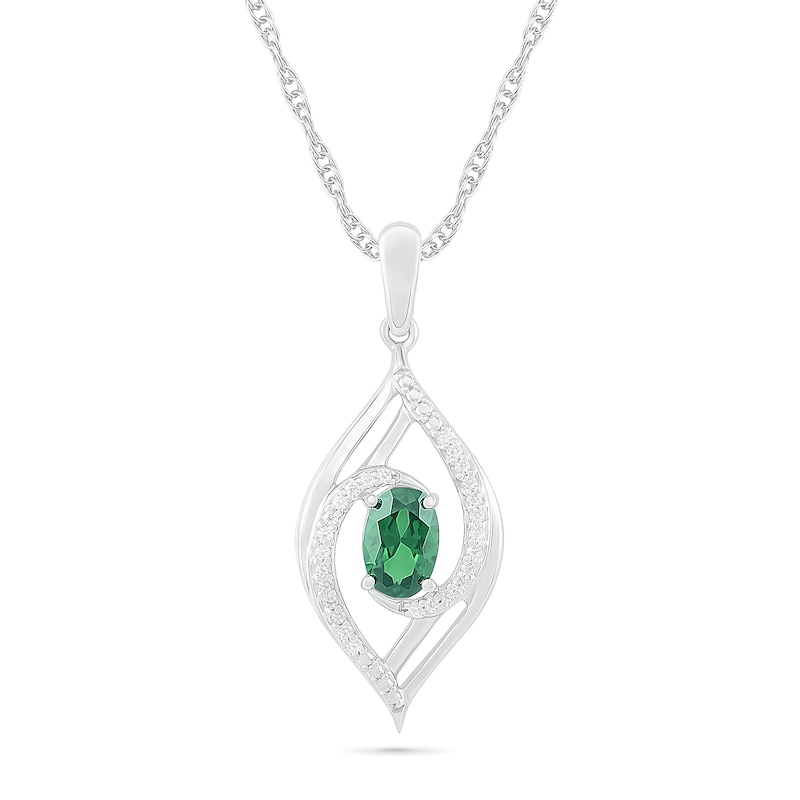 Oval Lab-Created Emerald and 0.065 CT. T.W. Diamond Bypass Flame Pendant in Sterling Silver|Peoples Jewellers