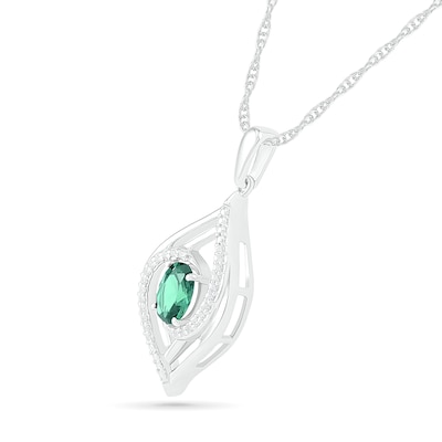 Oval Lab-Created Emerald and 0.065 CT. T.W. Diamond Bypass Flame Pendant in Sterling Silver