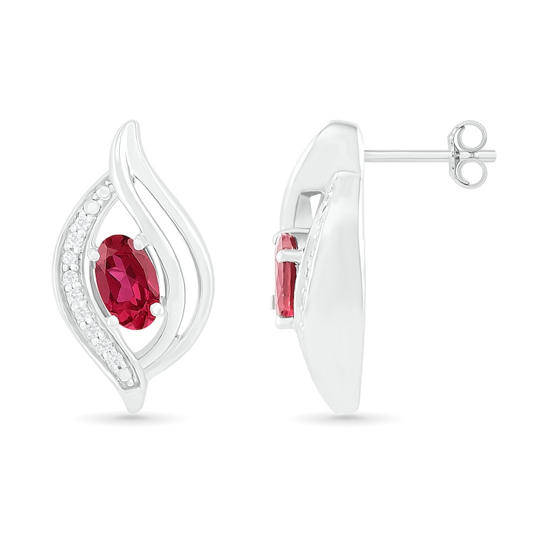 Oval Lab-Created Ruby and 0.04 CT. T.W. Diamond Bypass Flame Stud Earrings in Sterling Silver|Peoples Jewellers