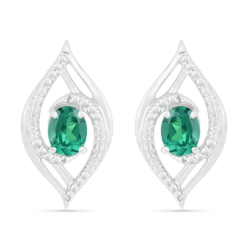 Lab-Created Oval Emerald and 0.067 CT. T.W. Diamond Bypass Flame Stud Earrings in Sterling Silver|Peoples Jewellers