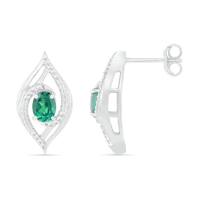 Lab-Created Oval Emerald and 0.067 CT. T.W. Diamond Bypass Flame Stud Earrings in Sterling Silver