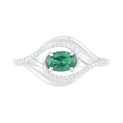 Sideways Oval Lab-Created Emerald and 0.065 CT. T.W. Diamond Layered Multi-Row Split Shank Ring in Sterling Silver