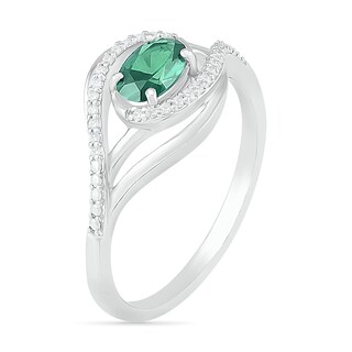 Sideways Oval Lab-Created Emerald and 0.065 CT. T.W. Diamond Layered Multi-Row Split Shank Ring in Sterling Silver