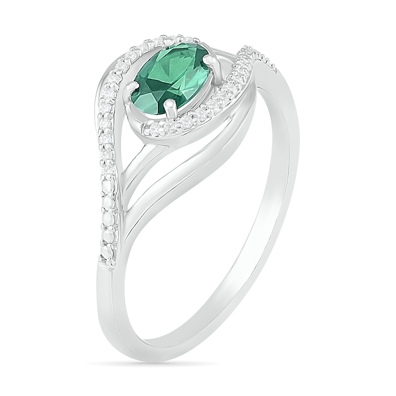Sideways Oval Lab-Created Emerald and 0.065 CT. T.W. Diamond Layered Multi-Row Split Shank Ring in Sterling Silver|Peoples Jewellers