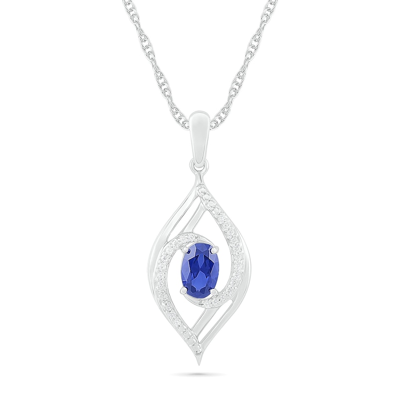 Oval Blue Lab-Created Sapphire and 0.065 CT. T.W. Diamond Bypass Flame Pendant in Sterling Silver|Peoples Jewellers