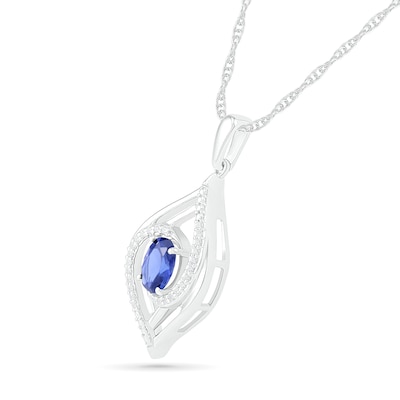 Oval Blue Lab-Created Sapphire and 0.065 CT. T.W. Diamond Bypass Flame Pendant in Sterling Silver