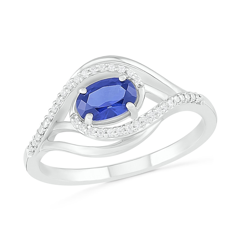 Sideways Oval Blue Lab-Created Sapphire and 0.065 CT. T.W. Diamond Layered Multi-Row Split Shank Ring in Sterling Silver|Peoples Jewellers