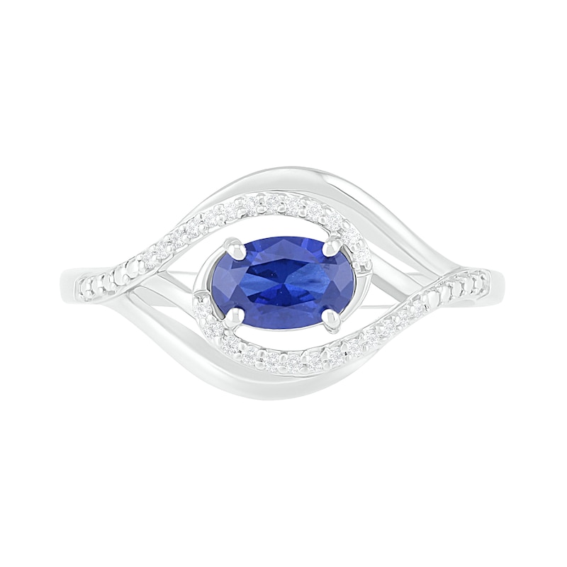 Sideways Oval Blue Lab-Created Sapphire and 0.065 CT. T.W. Diamond Layered Multi-Row Split Shank Ring in Sterling Silver