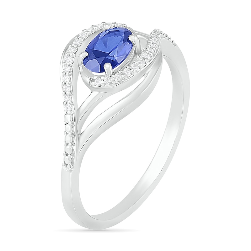 Sideways Oval Blue Lab-Created Sapphire and 0.065 CT. T.W. Diamond Layered Multi-Row Split Shank Ring in Sterling Silver