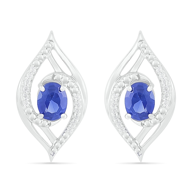 Oval Blue Lab-Created Sapphire and 0.067 CT. T.W. Diamond Bypass Flame Stud Earrings in Sterling Silver|Peoples Jewellers