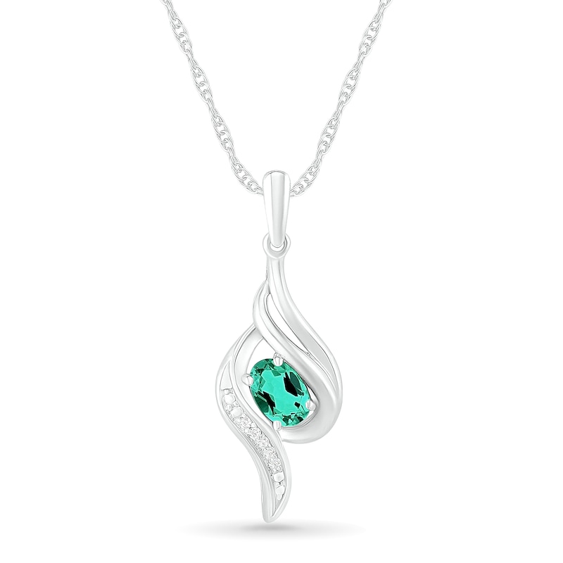 Oval Lab-Created Emerald and Diamond Accent Ribbon Flame Pendant in Sterling Silver|Peoples Jewellers