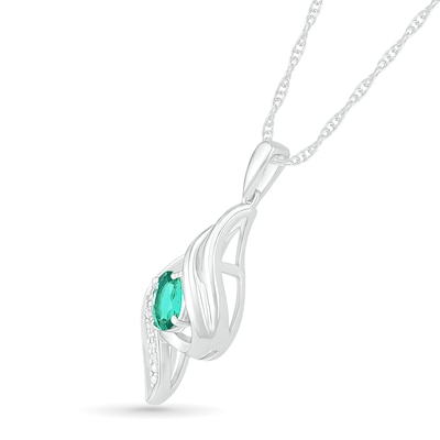 Oval Lab-Created Emerald and Diamond Accent Ribbon Flame Pendant in Sterling Silver