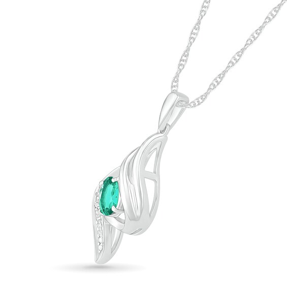 Oval Lab-Created Emerald and Diamond Accent Ribbon Flame Pendant in Sterling Silver