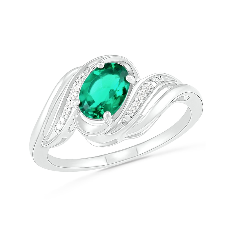 Offset Oval Lab-Created Emerald and Diamond Accent Cascading Bypass Ring in Sterling Silver|Peoples Jewellers