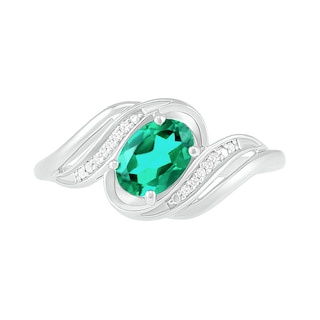 Offset Oval Lab-Created Emerald and Diamond Accent Cascading Bypass Ring in Sterling Silver