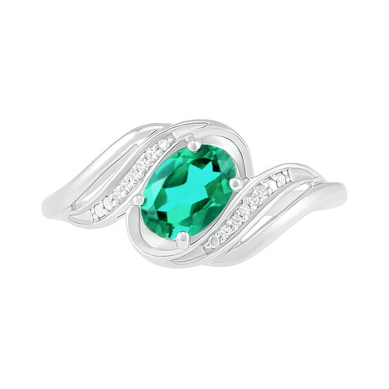 Offset Oval Lab-Created Emerald and Diamond Accent Cascading Bypass Ring in Sterling Silver