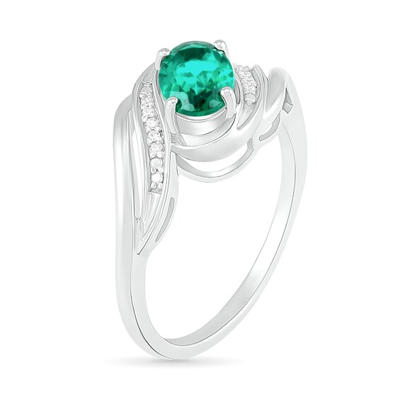 Offset Oval Lab-Created Emerald and Diamond Accent Cascading Bypass Ring in Sterling Silver