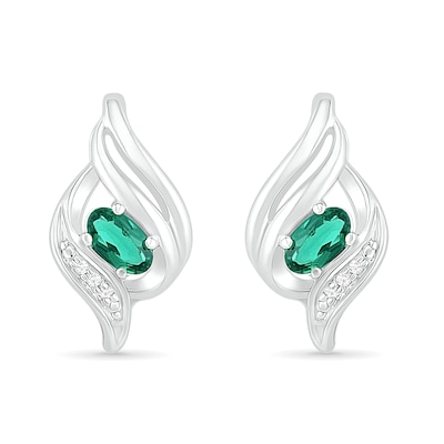 Oval Lab-Created Emerald and Diamond Accent Cascading Flame Stud Earrings in Sterling Silver