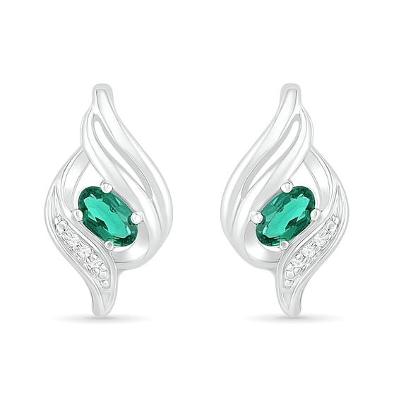 Oval Lab-Created Emerald and Diamond Accent Cascading Flame Stud Earrings in Sterling Silver