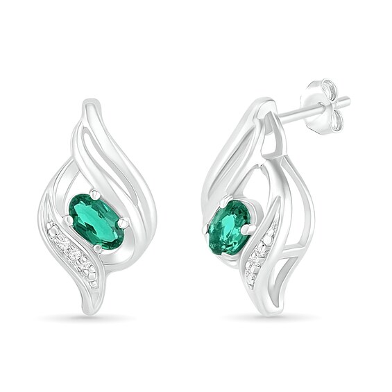 Oval Lab-Created Emerald and Diamond Accent Cascading Flame Stud Earrings in Sterling Silver