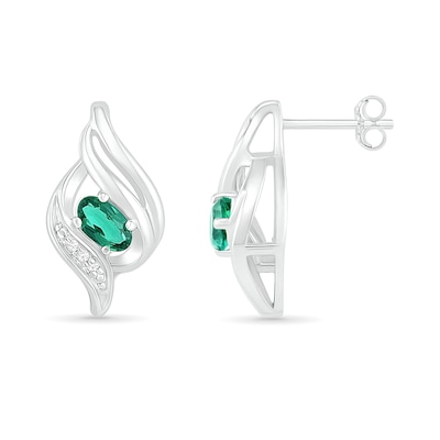 Oval Lab-Created Emerald and Diamond Accent Cascading Flame Stud Earrings in Sterling Silver