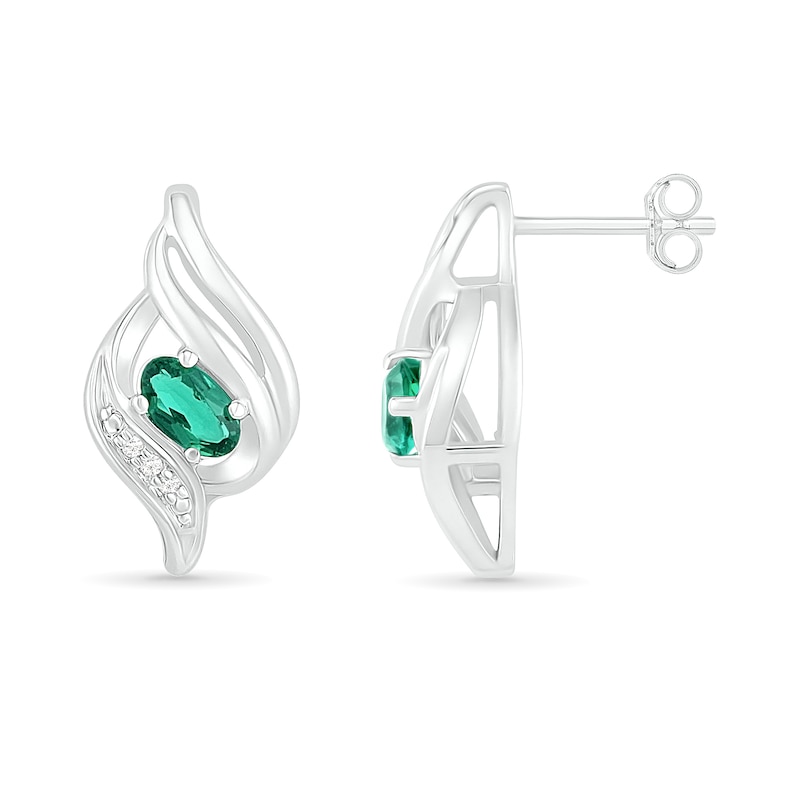 Oval Lab-Created Emerald and Diamond Accent Cascading Flame Stud Earrings in Sterling Silver|Peoples Jewellers