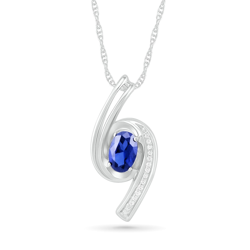 Oval Blue Lab-Created Sapphire and Diamond Accent Bypass Ribbon Pendant in Sterling Silver|Peoples Jewellers