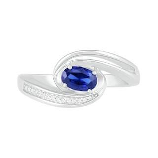 Sideways Blue Lab-Created Sapphire and Diamond Accent Bypass Ring in Sterling Silver