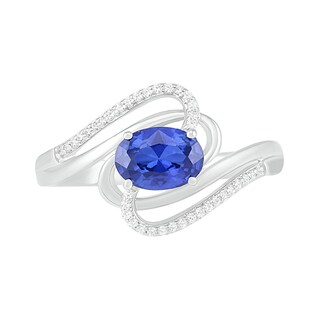 Sideways Blue Lab-Created Sapphire and 0.068 CT. T.W. Diamond Ribbon Bypass Ring in Sterling Silver