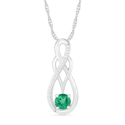 5.0mm Lab-Created Emerald and 0.04 CT. T.W. Diamond Braid Infinity Pendant in Sterling Silver