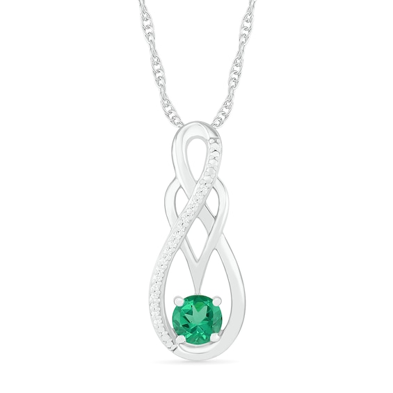 5.0mm Lab-Created Emerald and 0.04 CT. T.W. Diamond Braid Infinity Pendant in Sterling Silver