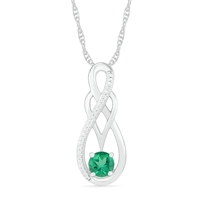 5.0mm Lab-Created Emerald and 0.04 CT. T.W. Diamond Braid Infinity Pendant in Sterling Silver|Peoples Jewellers