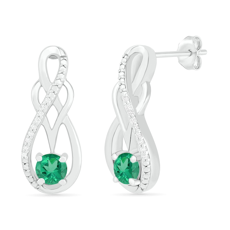 Lab-Created Emerald and 0.04 CT. T.W. Diamond Infinity Overlay Drop Earrings in Sterling Silver