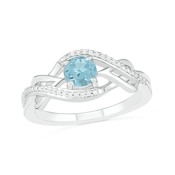 5.0mm Aquamarine and 0.04 CT. T.W. Diamond Layered Infinity Braid Ring in Sterling Silver